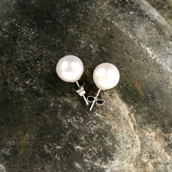 8.4mm Round White Pearl Earrings in 14K White Gold - Picture 3 of 6